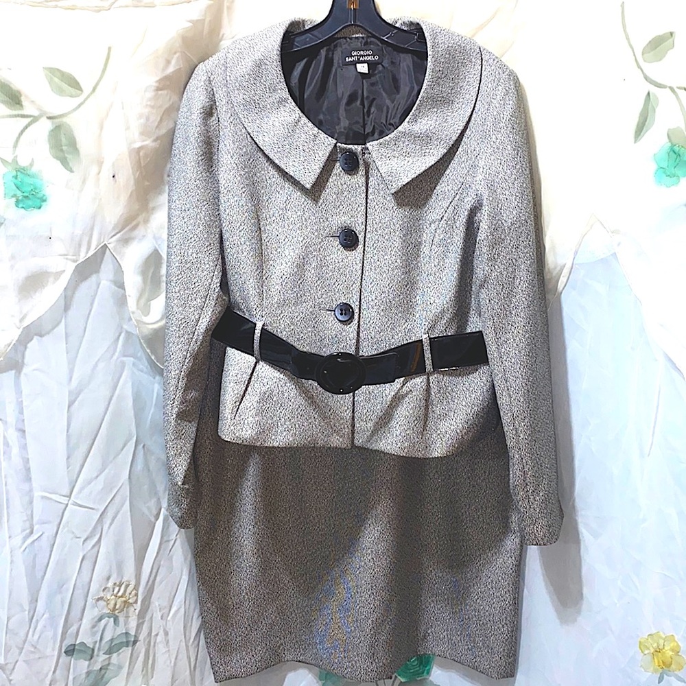 GIORGIO SANT’ ANGELO SKIRT SUIT, SPECKLED GREY, CROP JKT W/ BELT/LOOPS SZ 14